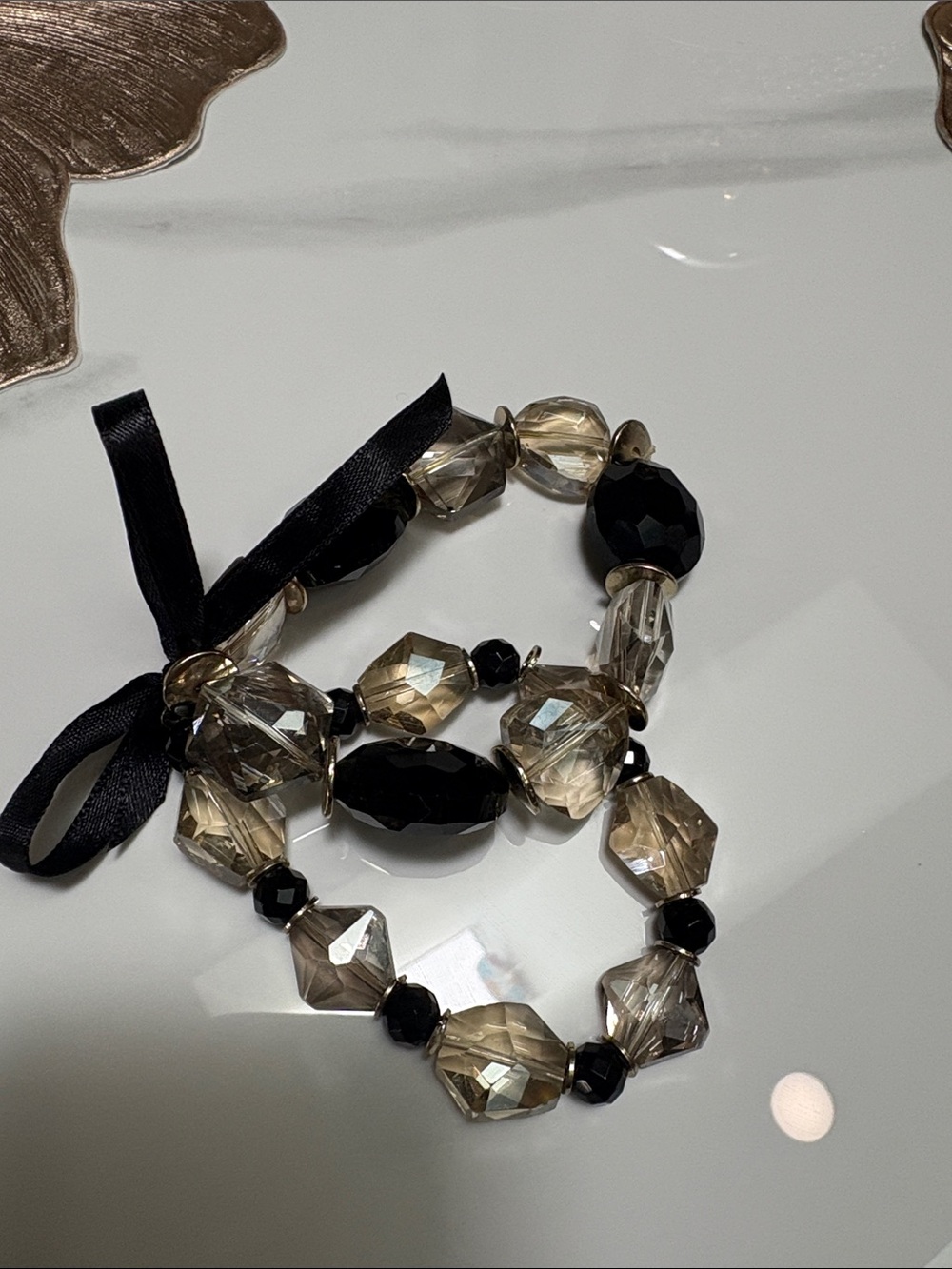 Elegant Black and Champagne glass  Beaded Bracelet with Ribbon Tie set of 2